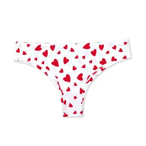 Seamless white women's panties with a cute red heart pattern, lightweight soft fabric
