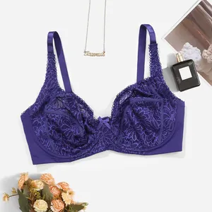 Exquisite purple lace detailing on a full-coverage underwired plus-size bra with bow accent