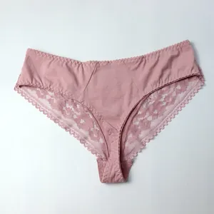 Women's mid-waist cotton panties featuring elegant floral lace trim in dusty pink color