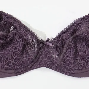 Close-up detail of a purple lace underwire bra featuring intricate floral patterns