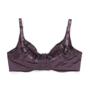 Back view of dark purple lace bra with adjustable straps and hook-and-eye closure