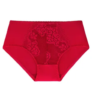 Detail shot of red plus size high waist briefs featuring a delicate floral lace panel.