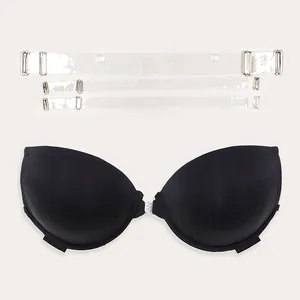 Sujetador push-up negro sin tirantes con cierre frontal y tres tiras transparentes.