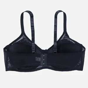 Back view of a plus-size black lace bra featuring adjustable straps and mesh wings.