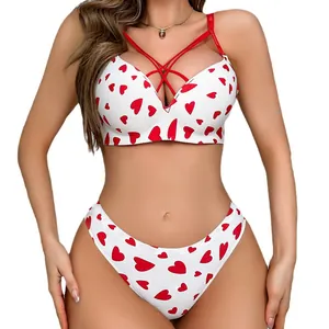Sexy non-wired push-up bra and panty set with red heart print and cross-strap design