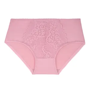 Detailed view of pink high-waisted plus size lace panties with floral embroidery