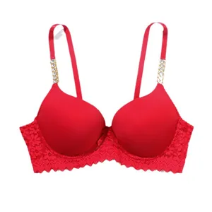 Sexy red lace push-up bra featuring sparkling rhinestone chain straps for women
