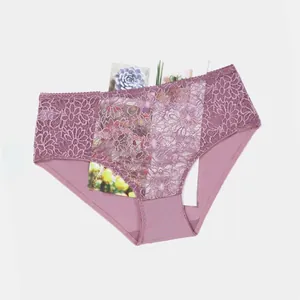 Sexy plus size purple lace sheer panties featuring elegant floral embroidery pattern