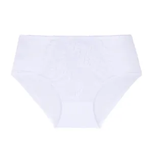 Detailed view of white high-waisted lace panties showcasing intricate floral patterns