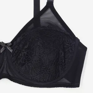 Close-up of black ultra-thin lace bra with mesh detail and underwire support.