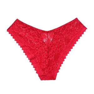 Detailed view of sexy red floral lace panties with elegant scalloped edges for women