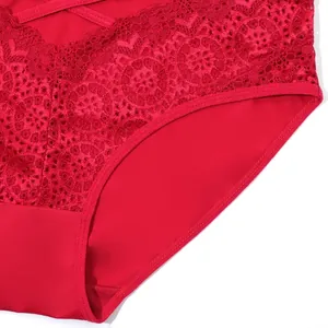 Detailed close-up of red floral lace on sexy semi-transparent breathable women's briefs