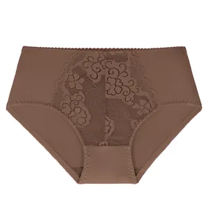 Detailed view of brown floral lace front on women's high-waisted plus size briefs.
