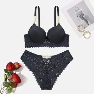 Sexy black lace lingerie set with sparkling rhinestone straps and elegant rose accents