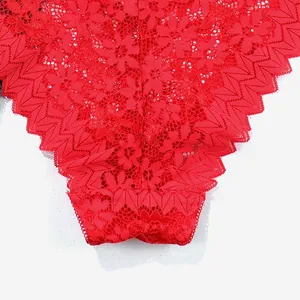 Close-up detail of intricate red floral lace fabric used in sexy lingerie sets for women