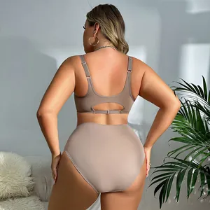 Back view of plus size seamless wireless bra and high waist panty set in taupe