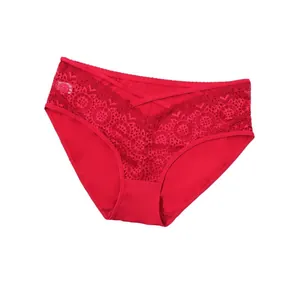 Sexy red lace panties for women featuring elegant floral patterns and front cross-strap detail