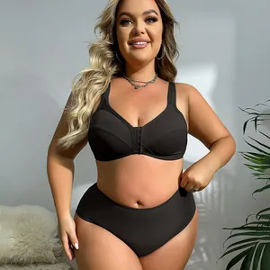 Full cup black plus size front closure wire-free bra and high waist panties set