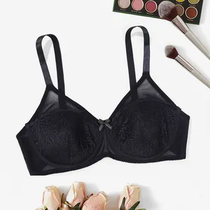 Elegant black plus size lace bra featuring ultra-thin sheer mesh and underwire support