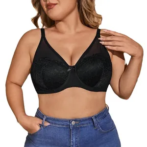 Plus size sheer black lace underwire bra with floral embroidery for D/E cup support