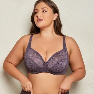 Close-up view of a premium plus size purple floral lace underwire bra for women