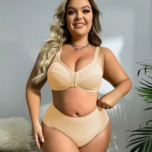 Comfortable plus size nude lingerie set featuring front closure wireless bra and high waist panties