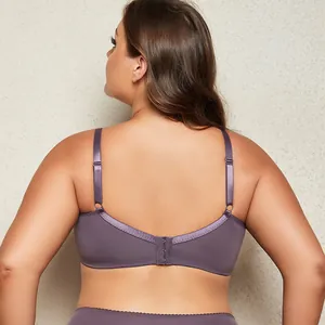 Detailed back view of a purple plus size underwire bra featuring adjustable shoulder straps.