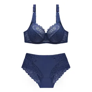Detailansicht eines blauen Spitzenunterwäsche-Sets mit BH und passendem Slip.