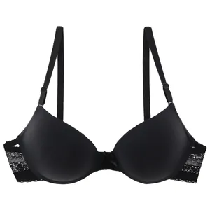 Elegant black push-up bra featuring smooth cups, lace side panels, and bow detail.