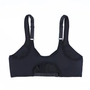 Back view of black seamless wireless comfort bra showing adjustable straps and cutout design.