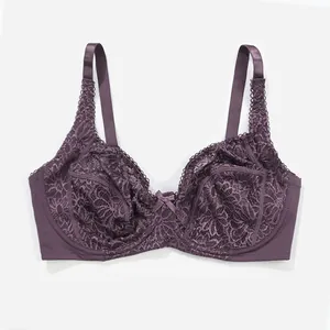 Detailed close-up view of an elegant dark purple plus-size lace bra with underwire support