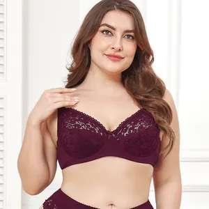 Close-up detail of purple lace plus size full cup bra featuring elegant floral embroidery