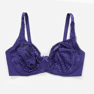 Detailed macro view of elegant purple floral lace on an ultra-thin underwire bra.