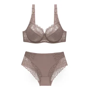 Elegantes malvenfarbenes Spitzen-Lingerie-Set mit floraler Stickerei und Netzgewebe.
