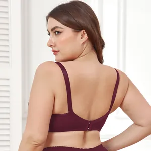 Detailed rear view of a sexy burgundy plus size lace bra with breathable design.