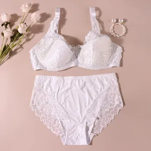 Detailansicht eines eleganten weißen Spitzen-Dessous-Sets mit großem BH und Slip