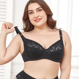High quality macro detail of a black plus size lace bra with full coverage and breathable mesh