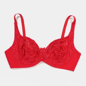 Close-up of vibrant red plus size lace underwire bra with delicate mesh detail