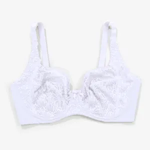 Detailed view of the intricate floral lace and underwire on a white plus-size bra