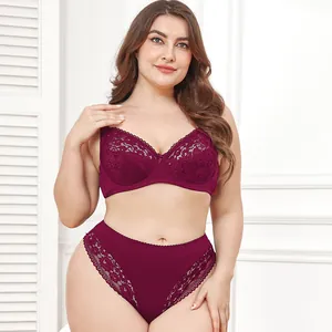 Ensemble de lingerie grande taille en dentelle bordeaux avec bonnets ultra-fins