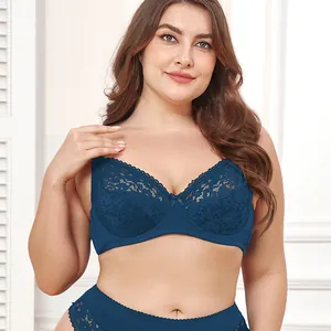 Detailed view of a plus size dark blue lace bra with sexy breathable full cup design