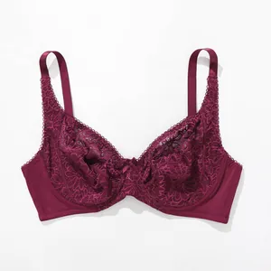 Detailed view of wine red lace underwire bra featuring intricate floral patterns