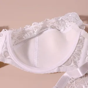Detaillierte Makroaufnahme des weißen Spitzen-BH-Cups mit floraler Stickerei und weichem Futter