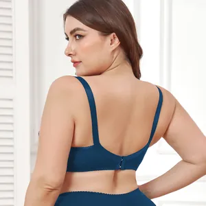 Detail back view of plus size dark blue full cup bra featuring wide U-back straps.