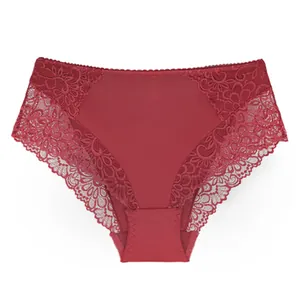 Eleganti mutandine a vita alta rosso vino con pizzo floreale e rete traspirante morbida