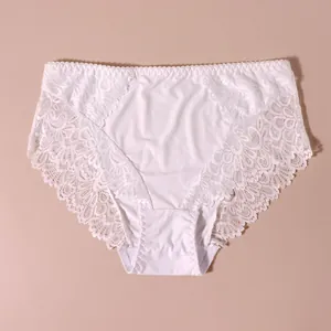 Detailansicht der sexy weißen Spitzen-Slip mit mittlerer Taille und Blumenmuster