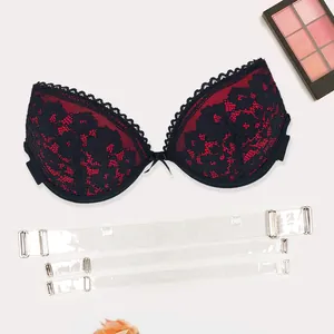 Red and black lace gathered bra set with three transparent silicone shoulder straps