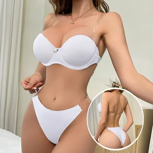 Detailed view of invisible clear strap white bra and thong set for backless wedding dresses