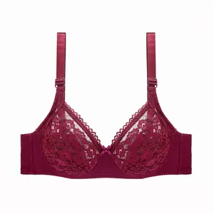 Wine red plus size lace bra featuring sexy full cup design and breathable sheer mesh details
