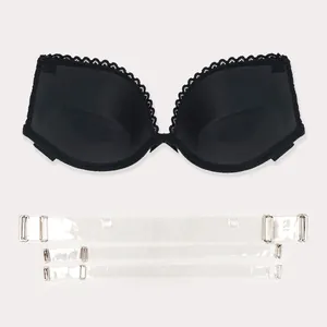 Black lace push-up bra set with three adjustable transparent straps for party evening dresses